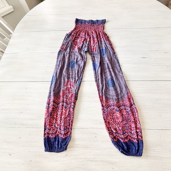 HAREM PANTS Women’s Blue Pink Floral Smocked Waist Ethnic Print Pocket OS - Picture 1 of 7